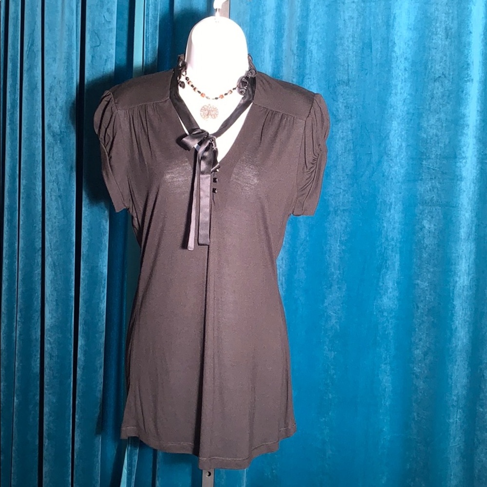 Guess Black Top with Satin Ruffle Collar and Tie